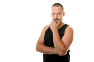 man in a black shirt  thinking