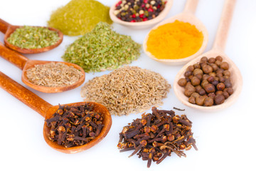 spices in the spoons isolated on white