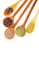 spices in the spoons isolated on white