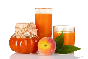 tasty jam, juice and peach isolated on white