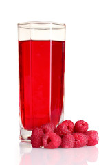 fresh raspberries, leaves and juice isolated on white