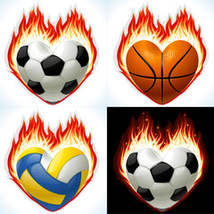 Football, basketball and volleyball in the shape of heart