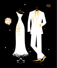 Wedding groom suit and bride's dress white on black