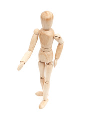 A wooden mannequin give a hand