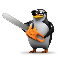 3d Penguin cuts down a tree with his chainsaw