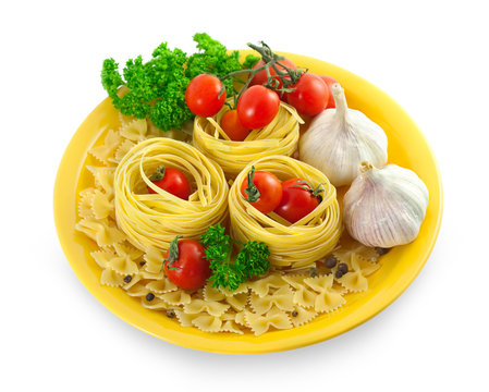 Italian pasta with tomatoes and garlic. White background