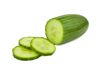 Cucumber and slices isolated over white background.