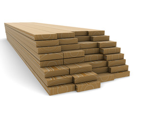 A stack of pine boards on a white background