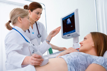 Pregnant woman getting ultrasound diagnostic from doctor