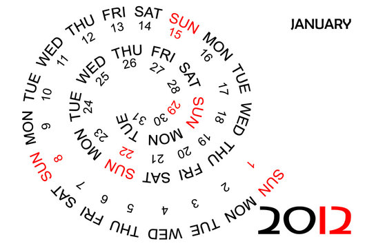 Calendario 2012,mes de enero en ingles