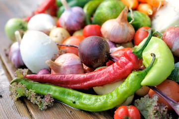 Vegetables on a wet table.