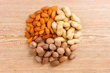 nutmeg, peanuts and almonds on wooden background