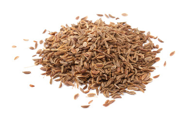 pile dill seeds on white background