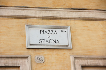 Piazza di Spagna, marble street sign in Rome, Italy