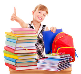 Child with stack of books and showing thumb up.