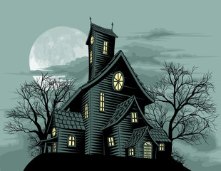 Fototapeta premium Creepy haunted ghost house scene illustration
