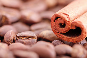 Cinnamon stick and coffee beans