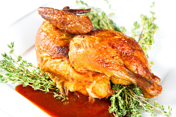 grilled chicken on a white plate with herbs and sauce