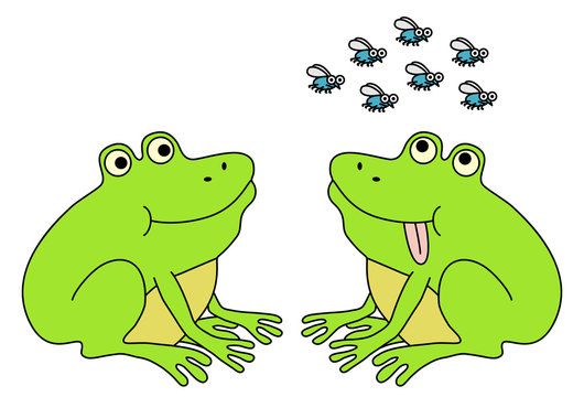 Two frogs waiting for flies, funny cartoon illustration.