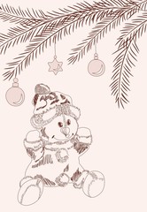 Hand drawn christmas card with snowman in santa claus dress