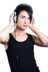 Young man listening music.