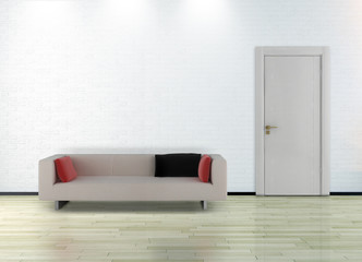 3d interno con divano e porta