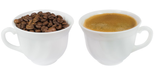 Two cups of coffee and coffee beans isolated