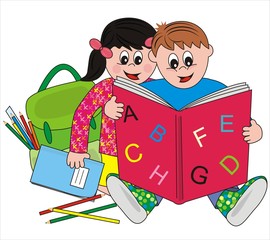 school children, girl and boy with book, vector illustration