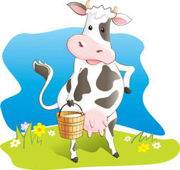 La vache drôle porte un seau en bois avec du lait. Illustration vectorielle