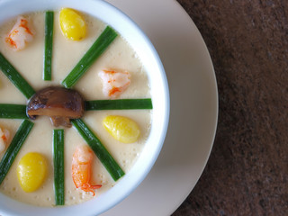 steam egg with shrimp mushroom and ginkgo seed