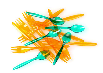 plastic forks and spoons isolated on white