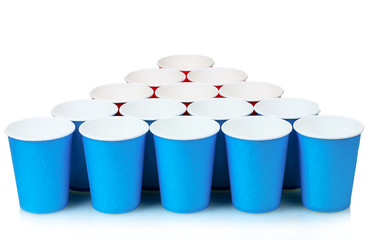 blue and red plastic cups isolated on white