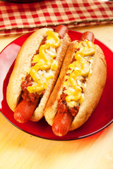 Chili Cheese Dogs with Mustard and Onions
