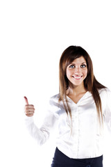 Successful young business woman happy for her success. Isolated