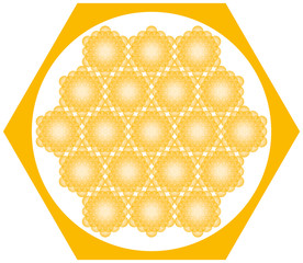 Golden yellow honeycombs derived from the Flower of Life. Illustration on white background. Vector.