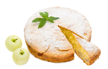 apple sponge cake with icing sugar and apples