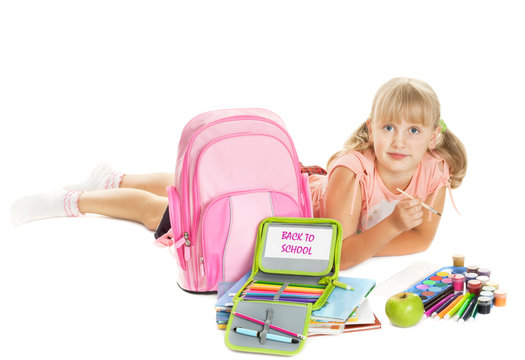 back to school, girl and school appliances on white.