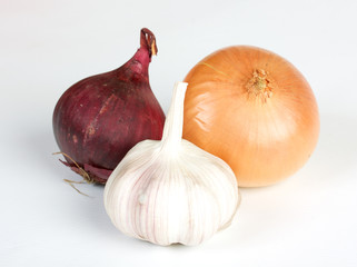 garlic and onion vegetables on white background