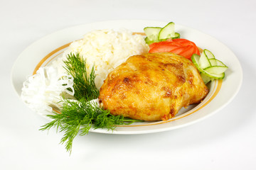 Steamed Garlic chicken and rice on white plate