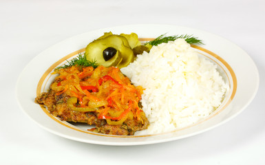 Fired meat, white rice and vegetables