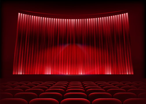 Cinema auditorium with stage curtain. Vector illustration.