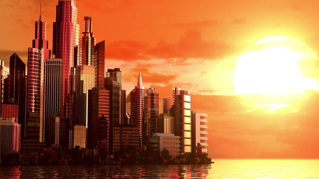 City at sunrise, 3d animation