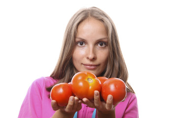 Woman with tomatoes, isolated on white