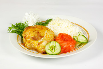 Steamed Garlic chicken and rice on white plate