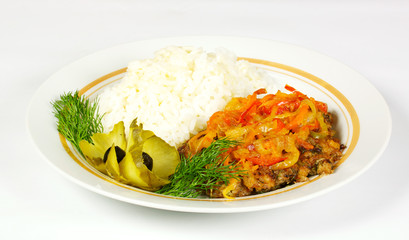 Fired meat, white rice and vegetables