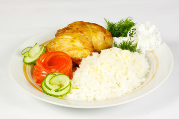 Steamed Garlic chicken and rice on white plate