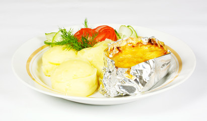 Baked Potato filled with meat and cheese on white plate
