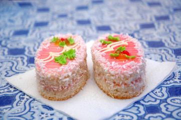 Two tasty beautiful cakes in cafe