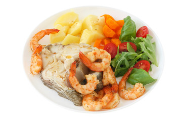 Boiled fish with shrimps and vegetables