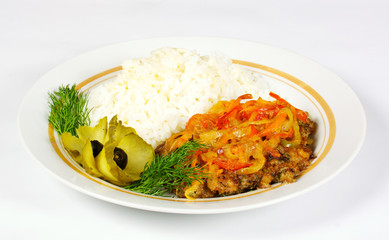 Fired meat, white rice and vegetables